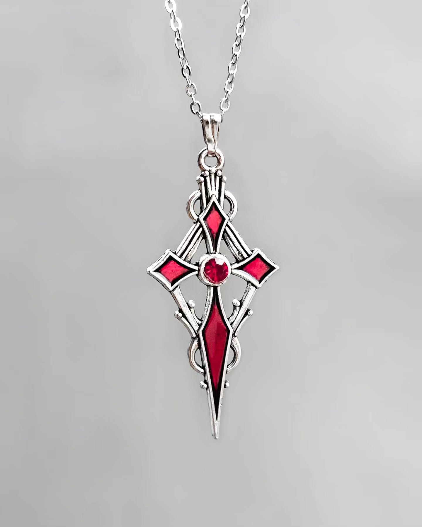Gothic Red Enamel Cross Pendant Necklace – Vintage Punk Statement Jewelry