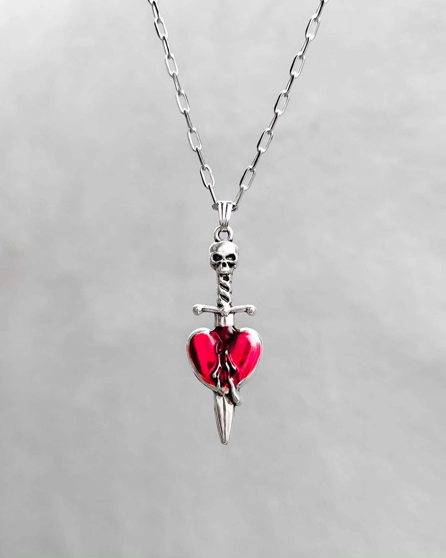 Gothic Skull and Dagger Through Heart Pendant Necklace – Dark Romance Jewelry