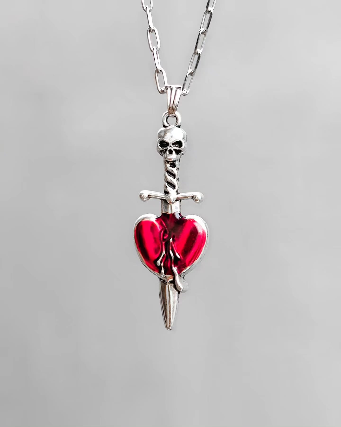 Gothic Skull and Dagger Through Heart Pendant Necklace – Dark Romance Jewelry