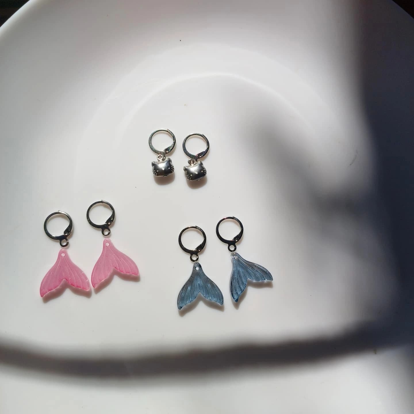 Mermaid Tail Dangles & Cute Cat Bell Hoops – 3-Pair Earring Set