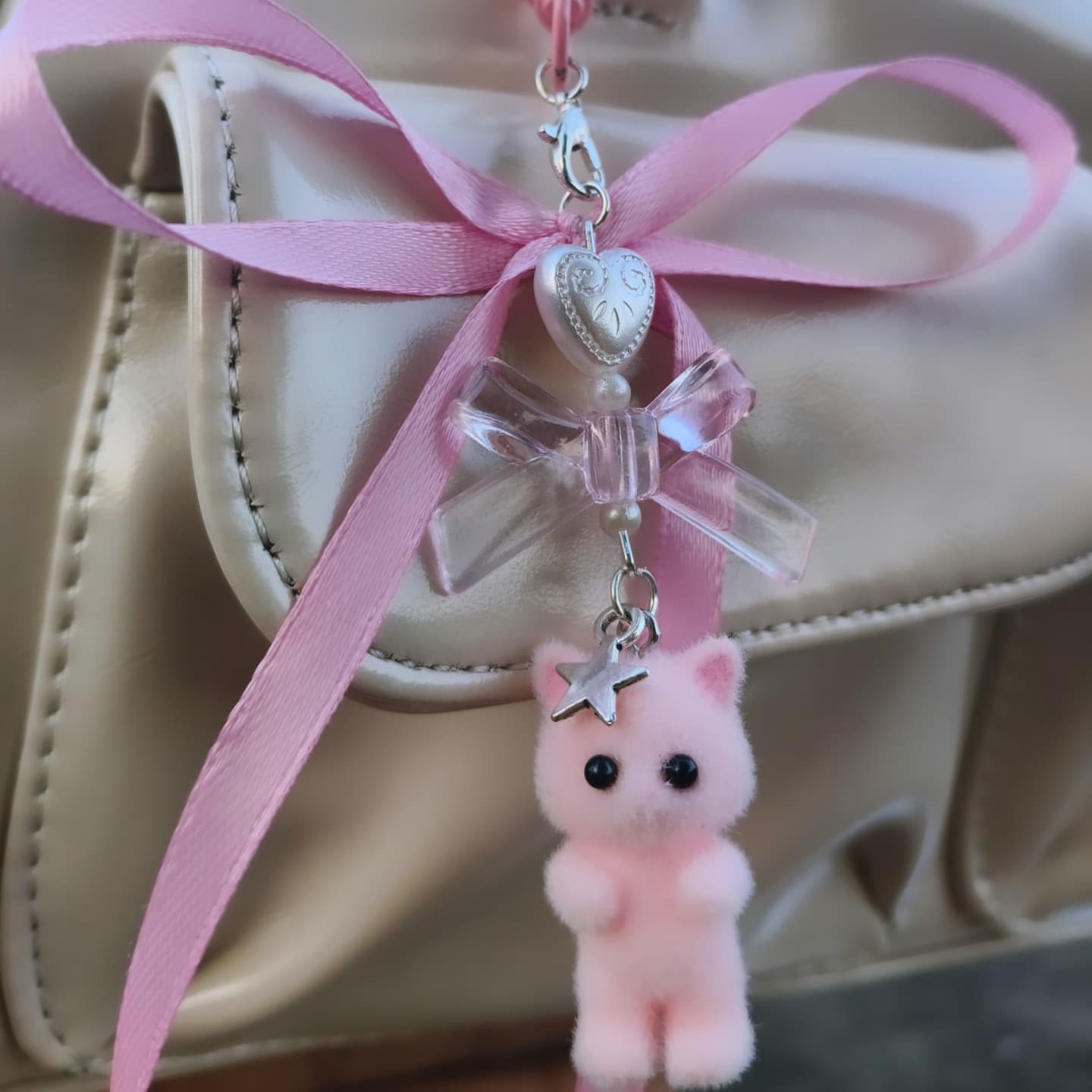 Cute Pink Fuzzy Cat Charm with Ribbon – Phone/Bag Accessory