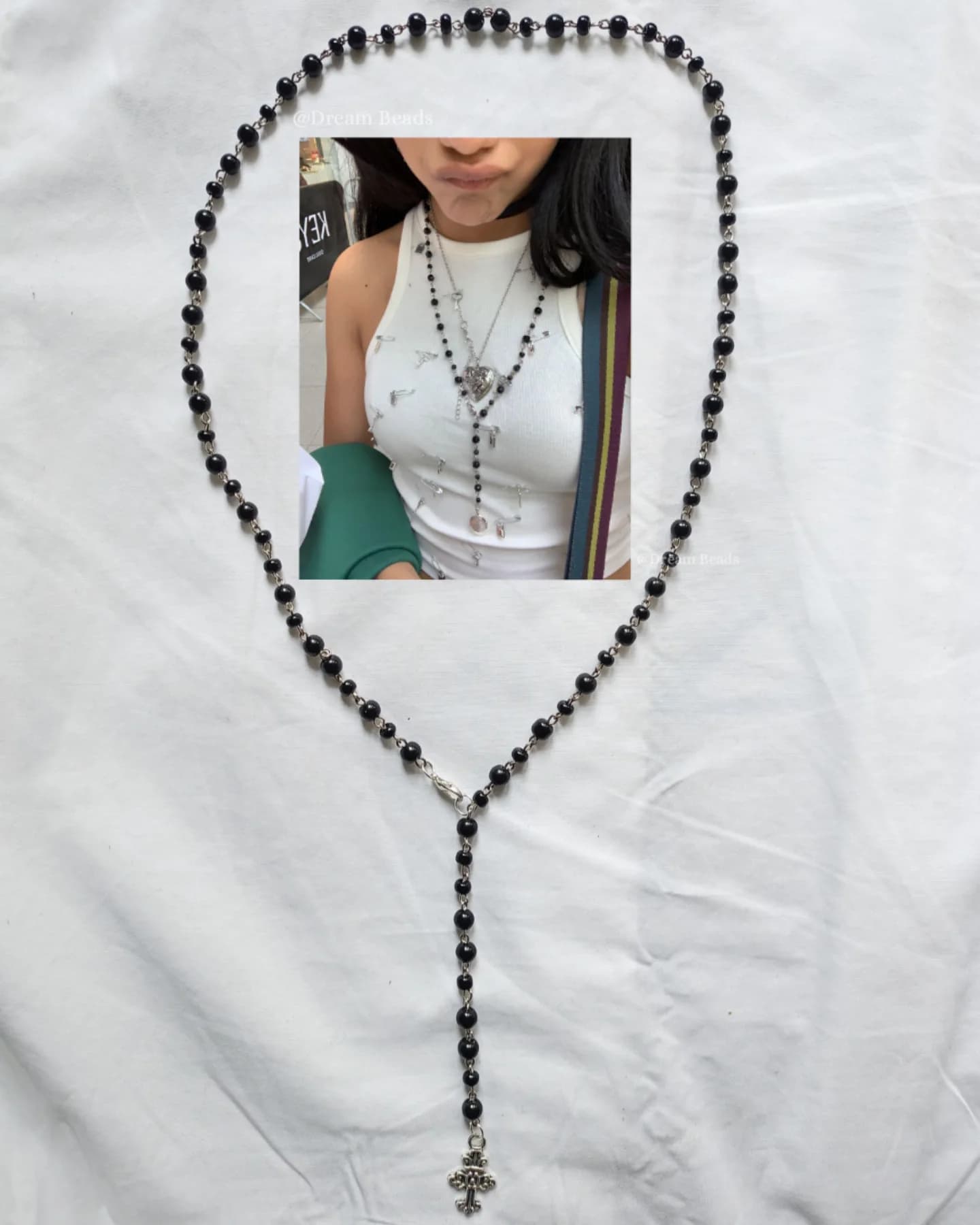 Gothic-Inspired Black Beaded Cross Necklace