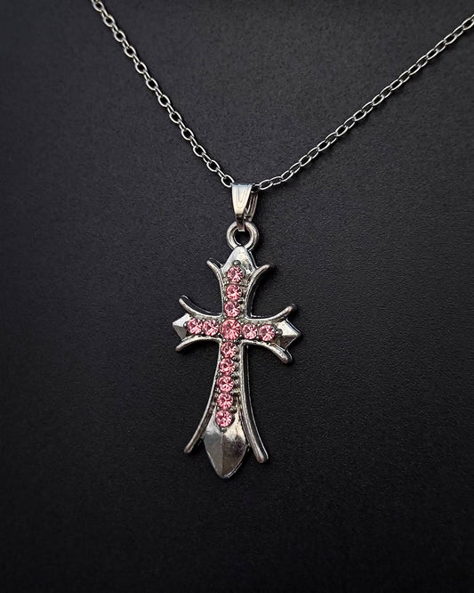 Gothic Cross Necklace with Pink Crystals – Vintage Style Pendant
