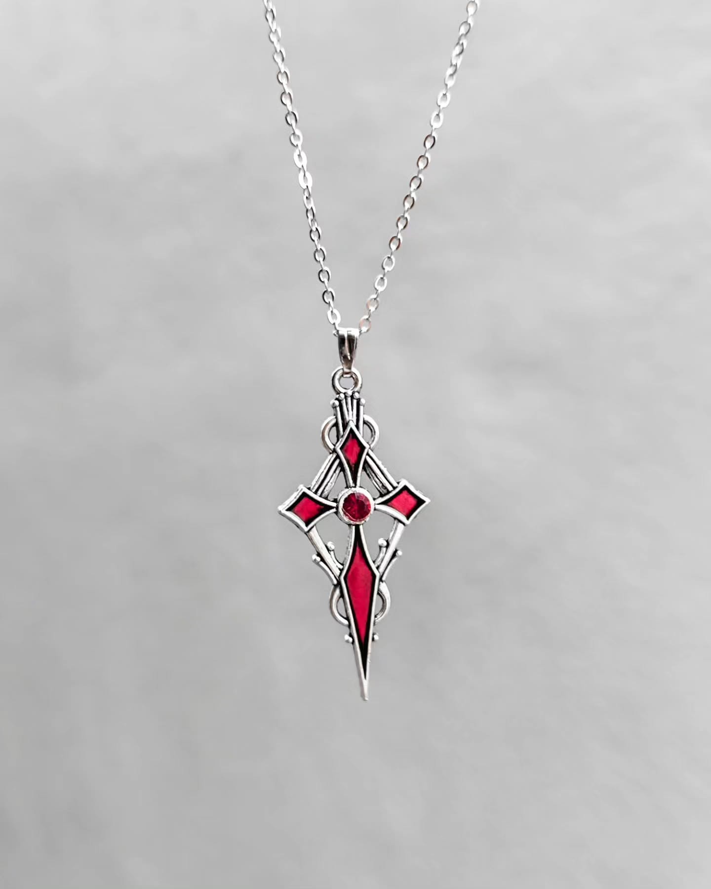 Gothic Red Enamel Cross Pendant Necklace – Vintage Punk Statement Jewelry