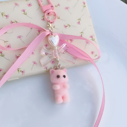 Cute Pink Fuzzy Cat Charm with Ribbon – Phone/Bag Accessory
