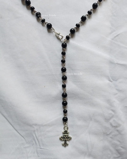 Gothic-Inspired Black Beaded Cross Necklace