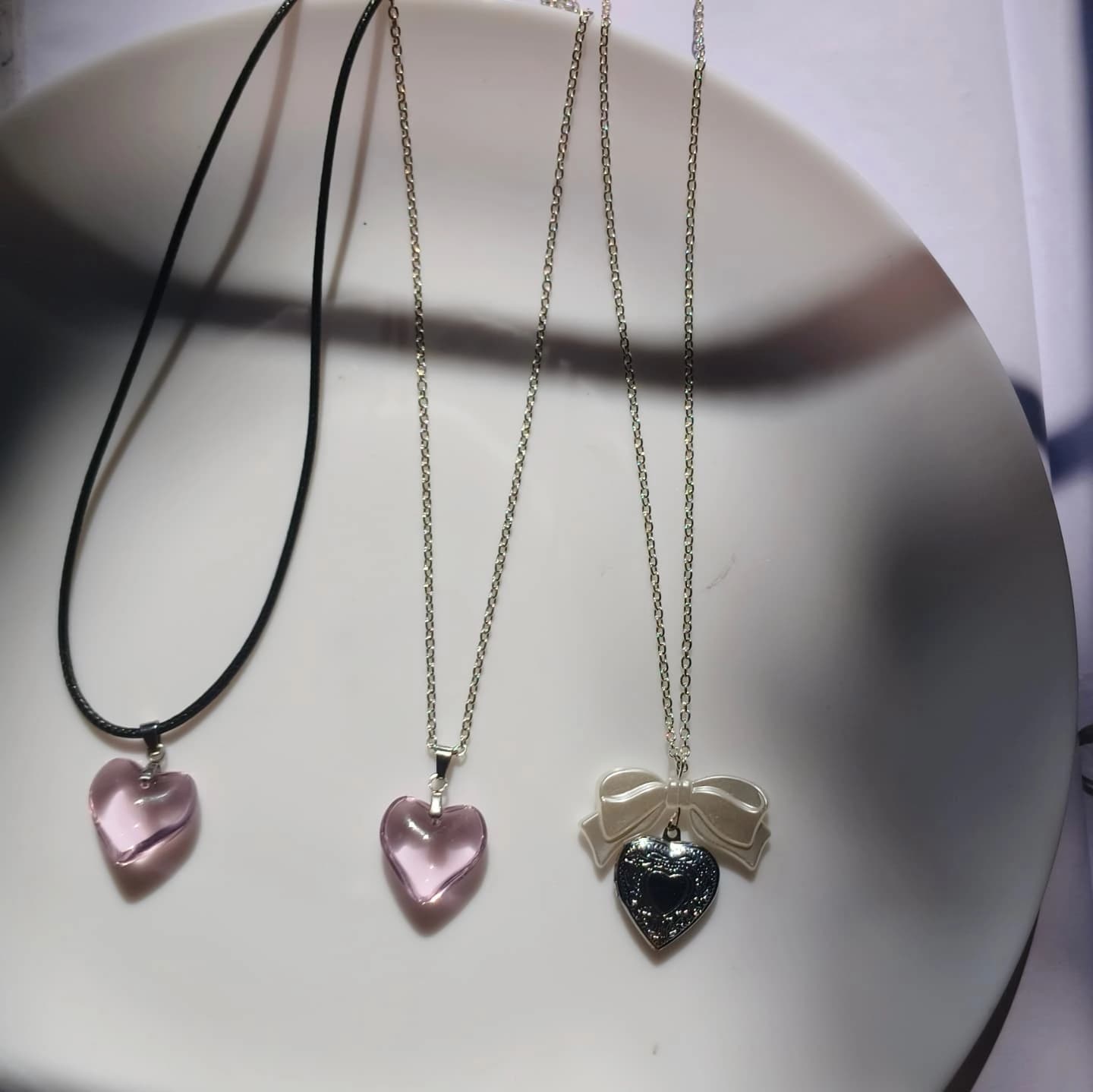 Elegant Heart Pendant Necklace Set – 3 Designs (Pink Glass & Ribbon Accent)