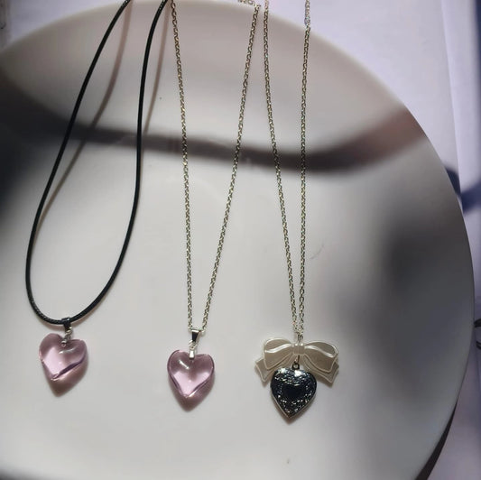 Elegant Heart Pendant Necklace Set – 3 Designs (Pink Glass & Ribbon Accent)
